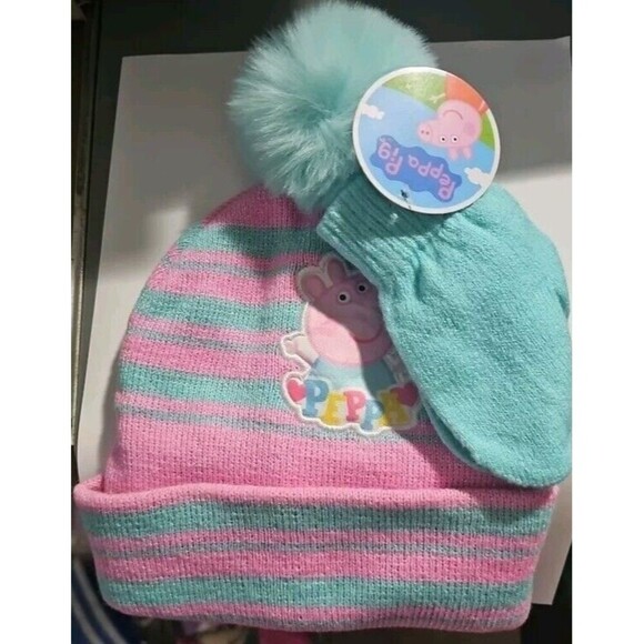 Peppa Pig Beanie Hat and Mittens Set - Pink & Teal Stripes with Pom Pom Toddler - Picture 7 of 10